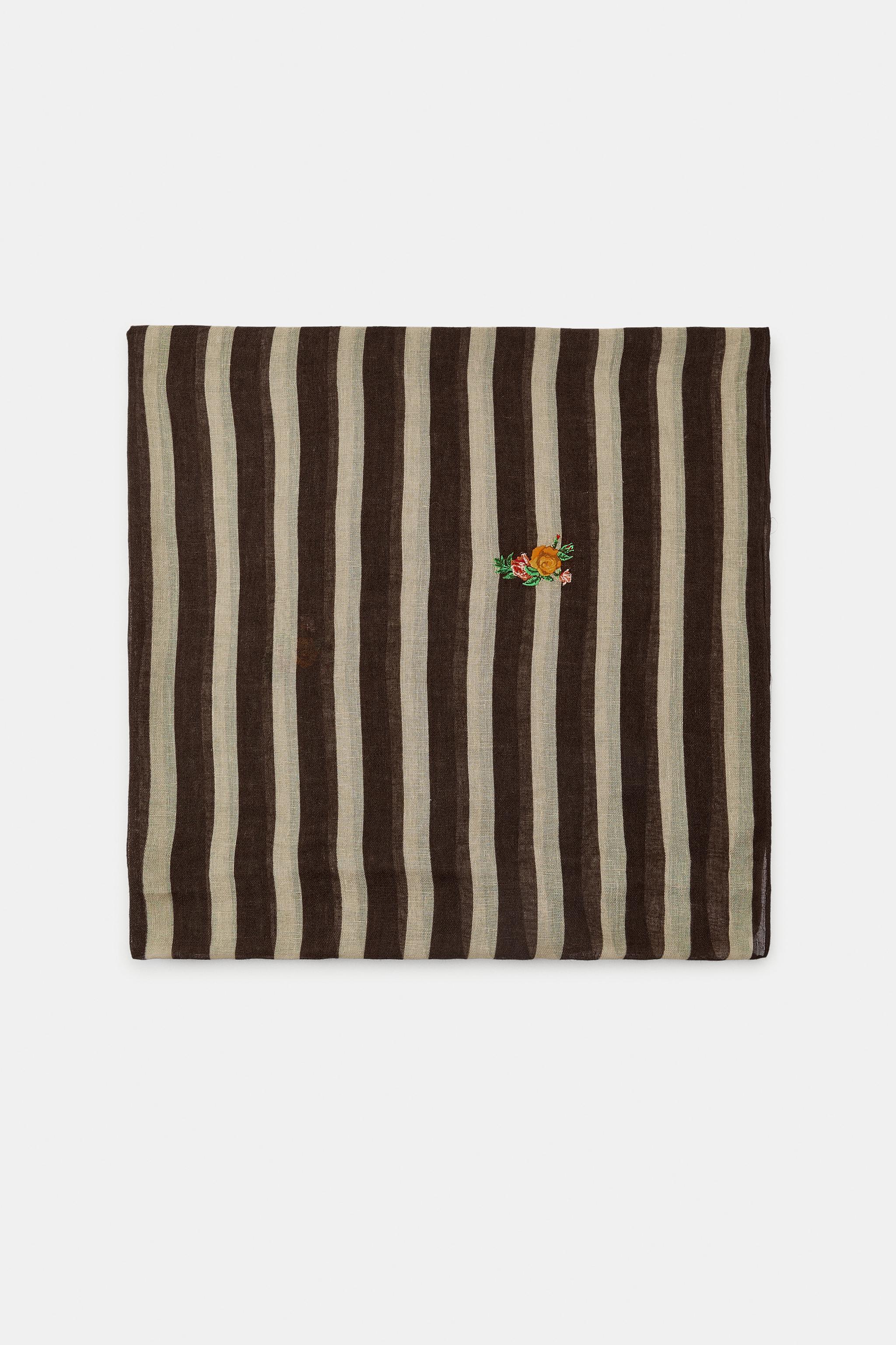 EMBROIDERED FLORAL STRIPED LINEN SCARF